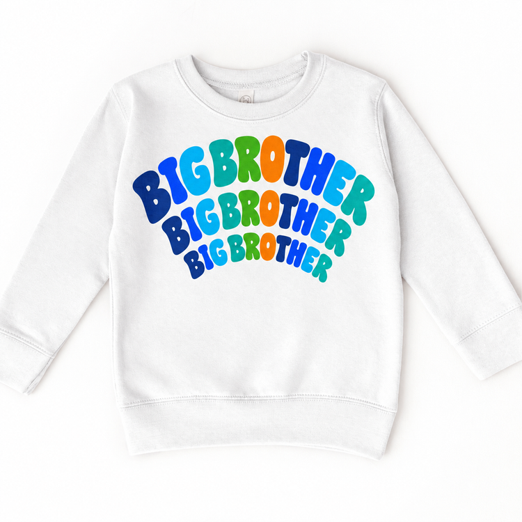 Big Brother colorful arched lettering on white sweatshirt