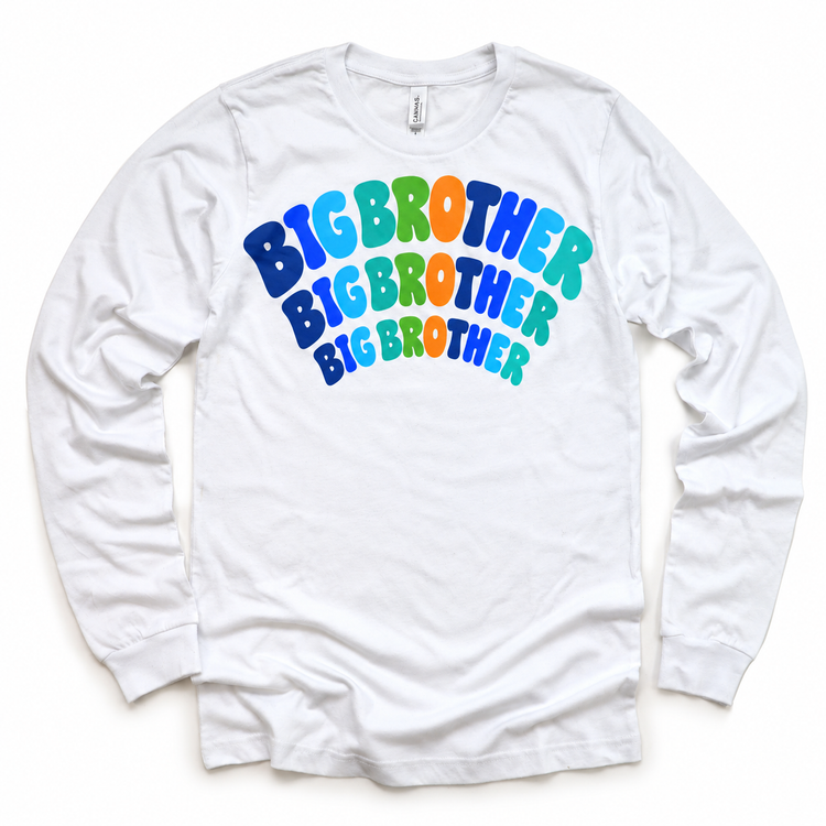 Big Brother colorful arched lettering on white long sleeve tee
