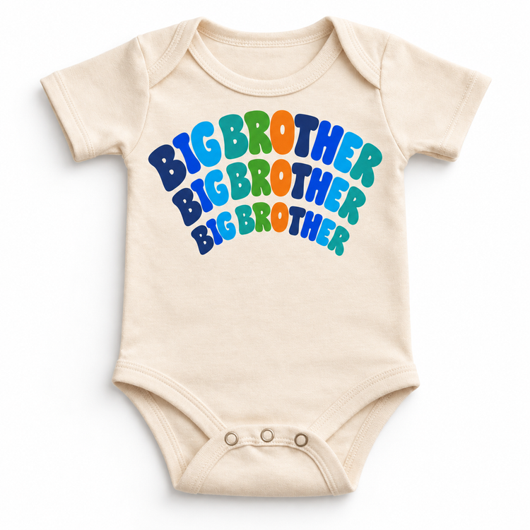 Big Brother colorful arched lettering on natural baby bodysuit