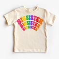 Big Sister rainbow arched lettering on natural tee