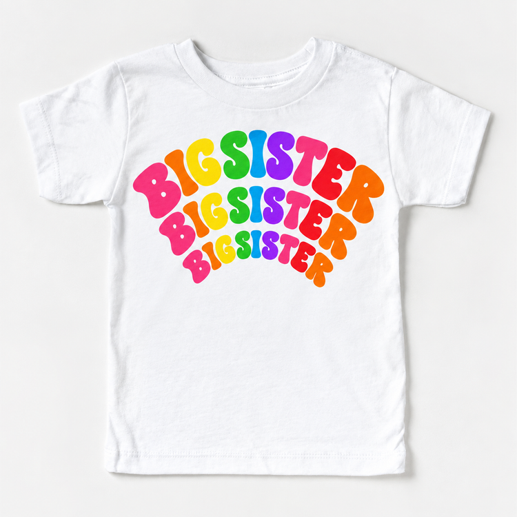 Big Sister rainbow arched lettering on white tee