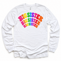 Big Sister rainbow arched lettering on white long sleeve tee