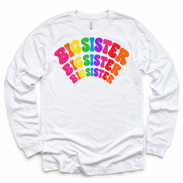 Big Sister rainbow arched lettering on white long sleeve tee