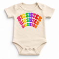 Big Sister rainbow arched lettering on natural baby bodysuit