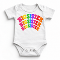 Big Sister rainbow arched lettering on white baby bodysuit