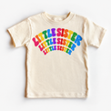 Little Sister rainbow arched lettering on natural tee