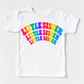 Little Sister rainbow arched lettering on white tee