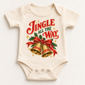 Jingle All the Way vintage Christmas bells and holly design on natural baby bodysuit
