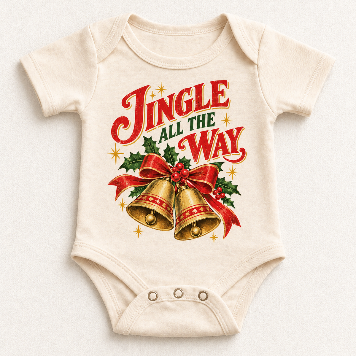 Jingle All the Way vintage Christmas bells and holly design on natural baby bodysuit