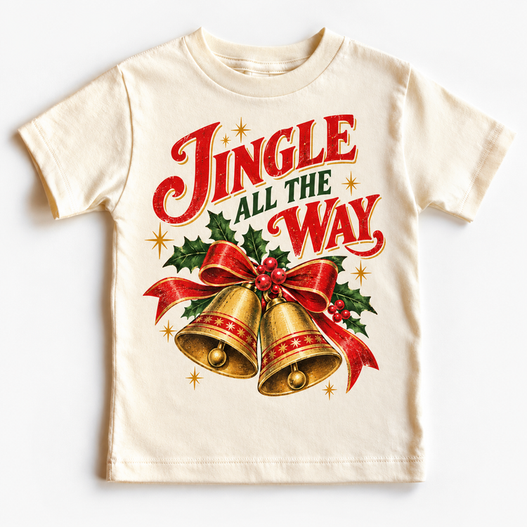Jingle All the Way vintage Christmas bells and holly design on natural tee