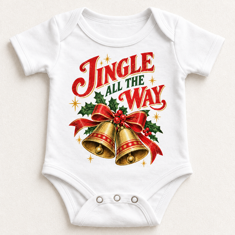 Jingle All the Way vintage Christmas bells and holly design on white baby bodysuit