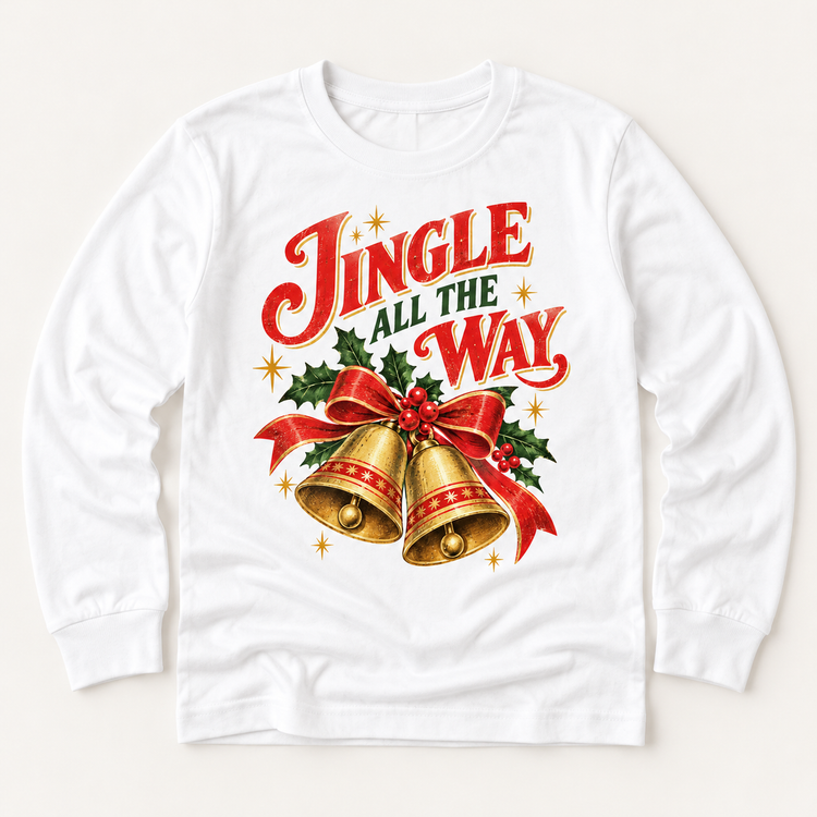 Jingle All the Way vintage Christmas bells and holly design on white long sleeve