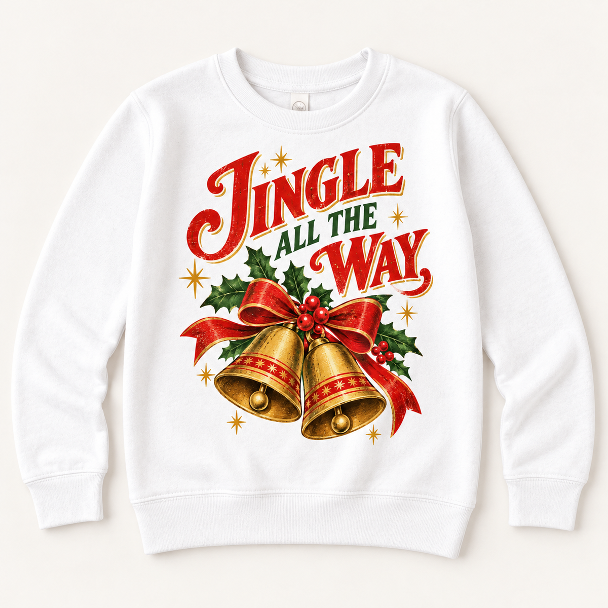 Jingle All the Way vintage Christmas bells and holly design on white sweatshirt