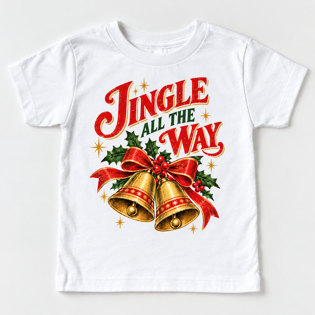 Jingle All the Way vintage Christmas bells and holly design on white tee
