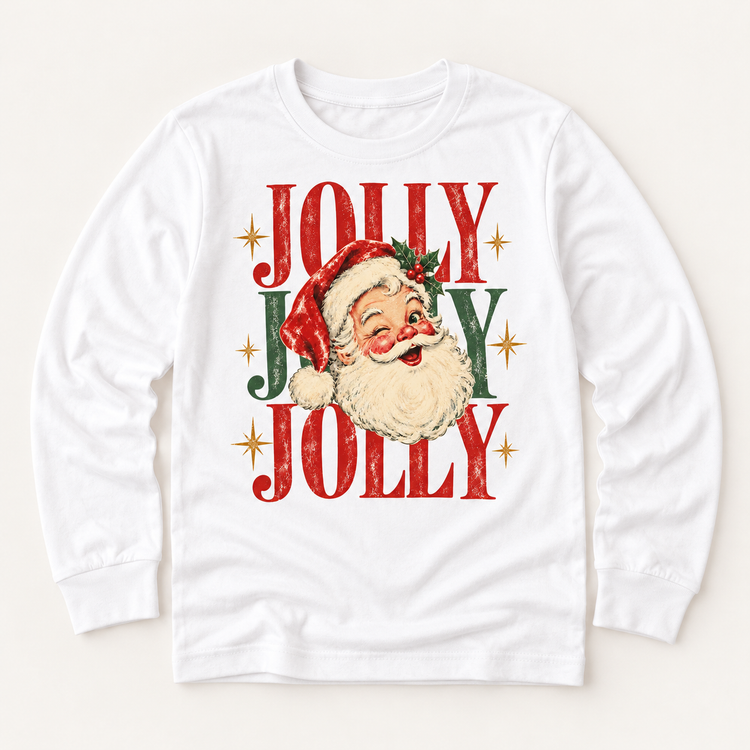 Jolly Santa vintage Christmas design on white long sleeve tee