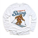 I'd Rather Be Skiing retro Bigfoot design on a white long sleeve tee