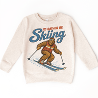 I'd Rather Be Skiing retro Bigfoot design on a natural heather sweatshirt