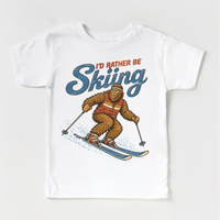 I'd Rather Be Skiing retro Bigfoot design on a white short sleeve tee