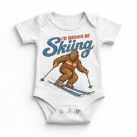 I'd Rather Be Skiing retro Bigfoot design on a white baby bodysuit