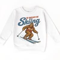 I'd Rather Be Skiing retro Bigfoot design on a white sweatshirt