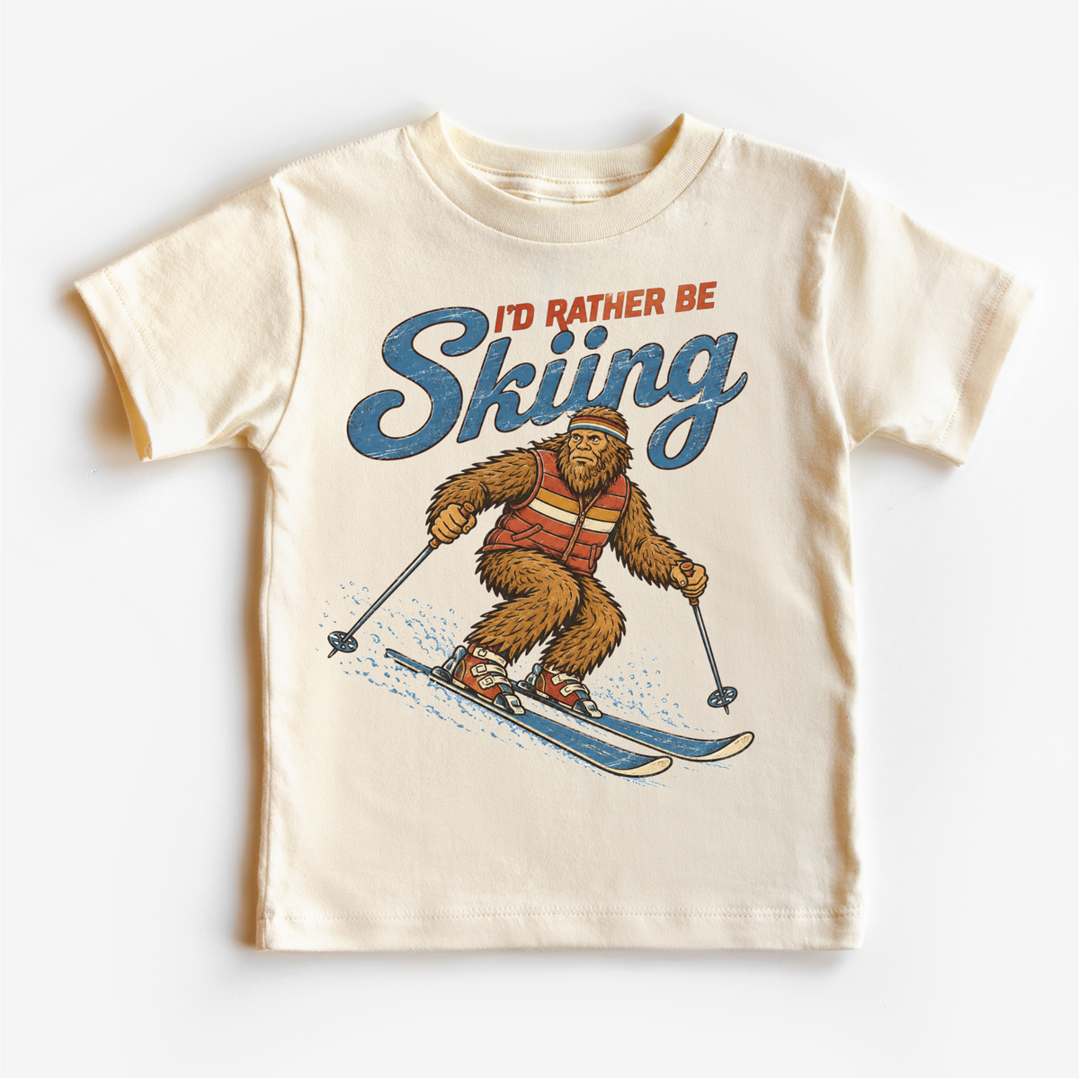 I'd Rather Be Skiing retro Bigfoot design on a natural short sleeve tee