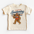 I'd Rather Be Snowboarding retro Bigfoot design on a natural short sleeve tee