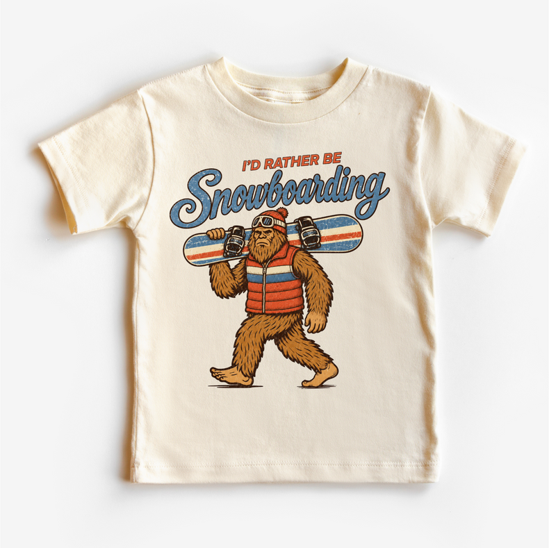 I'd Rather Be Snowboarding retro Bigfoot design on a natural short sleeve tee
