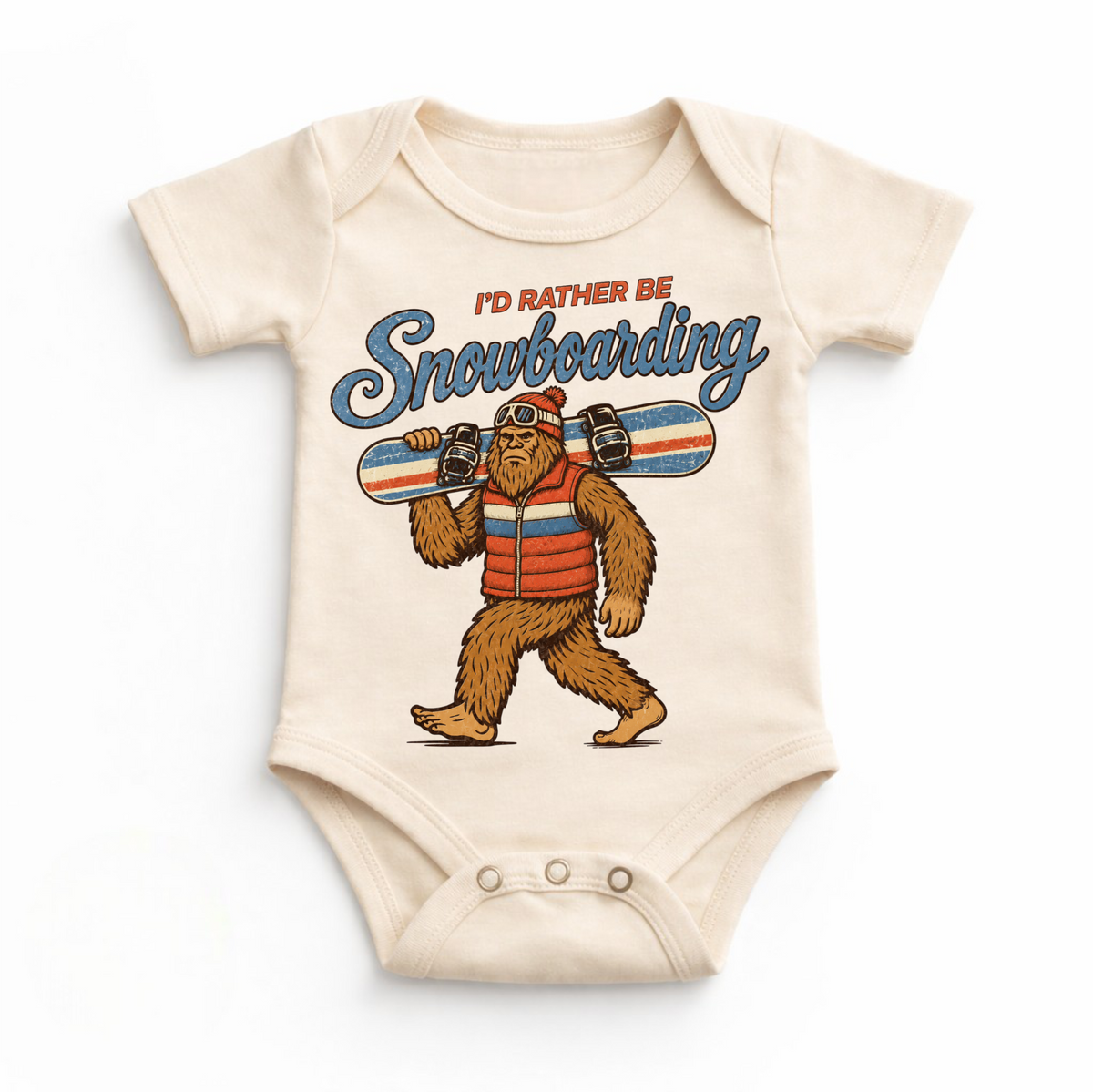 I'd Rather Be Snowboarding retro Bigfoot design on a natural baby bodysuit