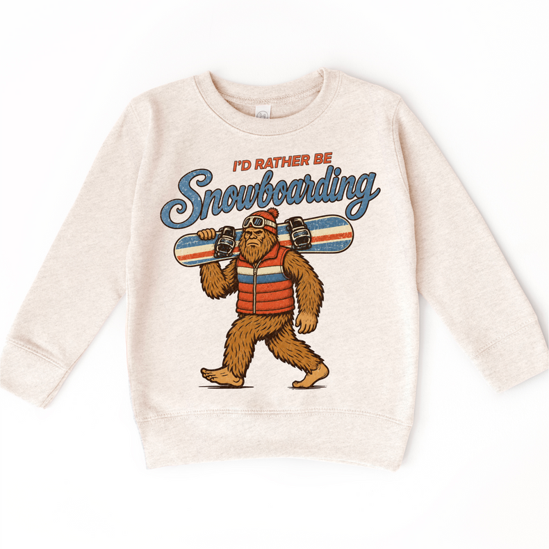 I'd Rather Be Snowboarding retro Bigfoot design on a natural heather sweatshirt