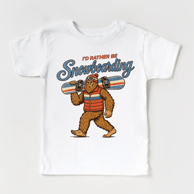 I'd Rather Be Snowboarding retro Bigfoot design on a white short sleeve tee