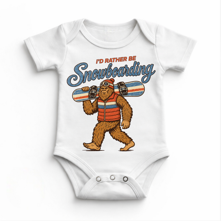 I'd Rather Be Snowboarding retro Bigfoot design on a white baby bodysuit
