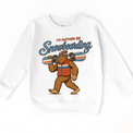 I'd Rather Be Snowboarding retro Bigfoot design on a white sweatshirt