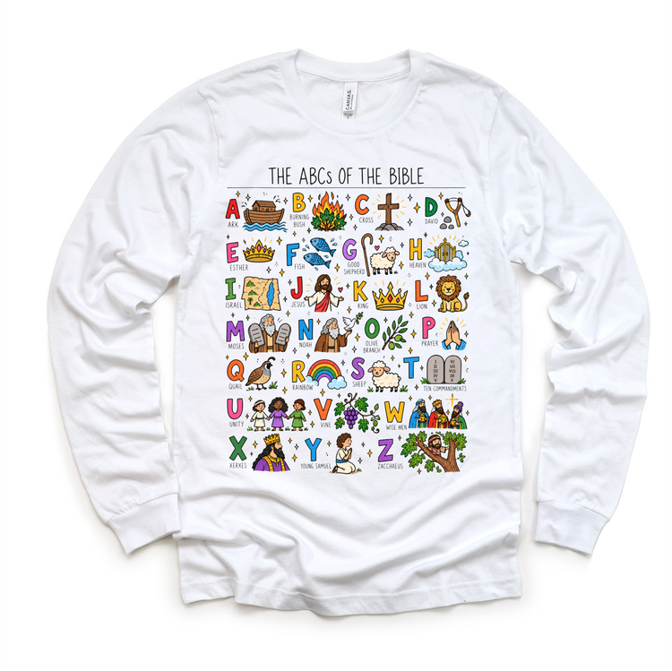 The ABCs of the Bible colorful Christian alphabet design on a white long sleeve tee