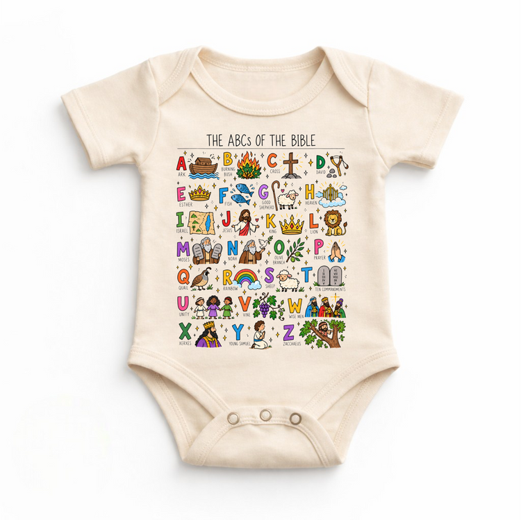 The ABCs of the Bible colorful Christian alphabet design on a natural baby bodysuit