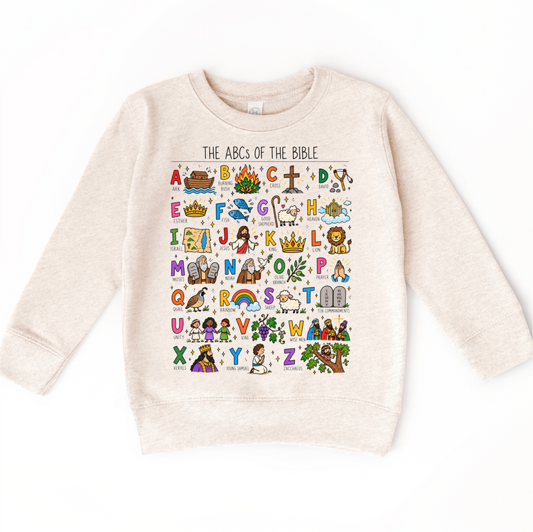 The ABCs of the Bible colorful Christian alphabet design on a natural heather sweatshirt