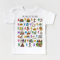 The ABCs of the Bible colorful Christian alphabet design on a white short sleeve tee