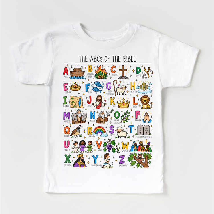 The ABCs of the Bible colorful Christian alphabet design on a white short sleeve tee