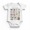 The ABCs of the Bible colorful Christian alphabet design on a white baby bodysuit