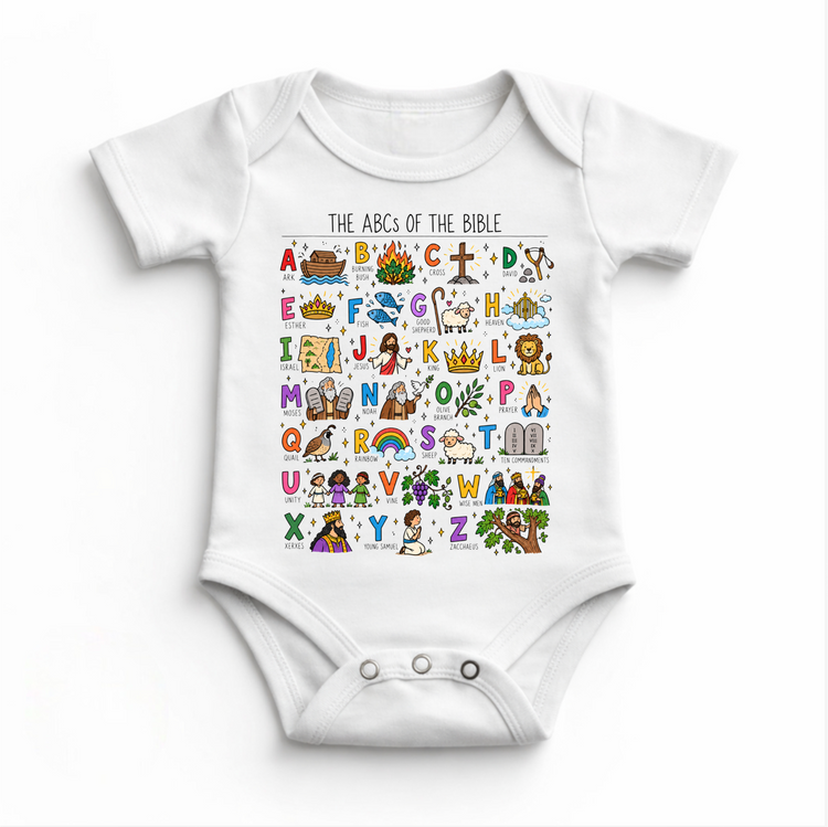 The ABCs of the Bible colorful Christian alphabet design on a white baby bodysuit