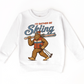 I'd Rather Be Skiing retro Bigfoot carrying skis design on a white sweatshirt