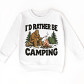 I'd Rather Be Camping Bigfoot roasting a marshmallow by a campfire on a white sweatshirt