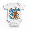 I'd Rather Be Surfing Bigfoot riding a wave design on a white baby bodysuit