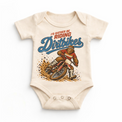I'd Rather Be Riding Dirtbikes Bigfoot on a dirt bike design on a natural baby bodysuit