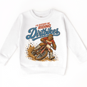 I'd Rather Be Riding Dirtbikes Bigfoot on a dirt bike design on a white sweatshirt