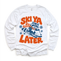 Ski Ya Later skiing raccoon in navy and orange on a white long sleeve tee