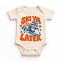 Ski Ya Later skiing raccoon in navy and orange on a natural baby bodysuit