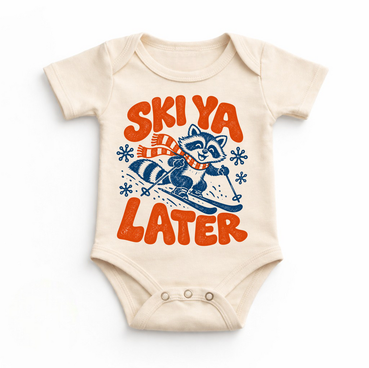 Ski Ya Later skiing raccoon in navy and orange on a natural baby bodysuit