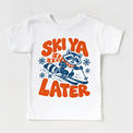 Ski Ya Later skiing raccoon in navy and orange on a white short sleeve tee