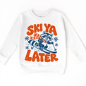Ski Ya Later skiing raccoon in navy and orange on a white sweatshirt