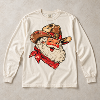 Ivory Comfort Colors long-sleeve T-shirt with vintage cowboy Santa in western hat and red bandana